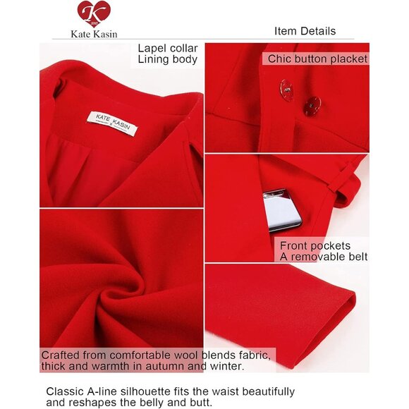 💫 Women Red Notch Lapel Trench Coats Dress Belted Fall Winter Collar Peacoat - Picture 5 of 6